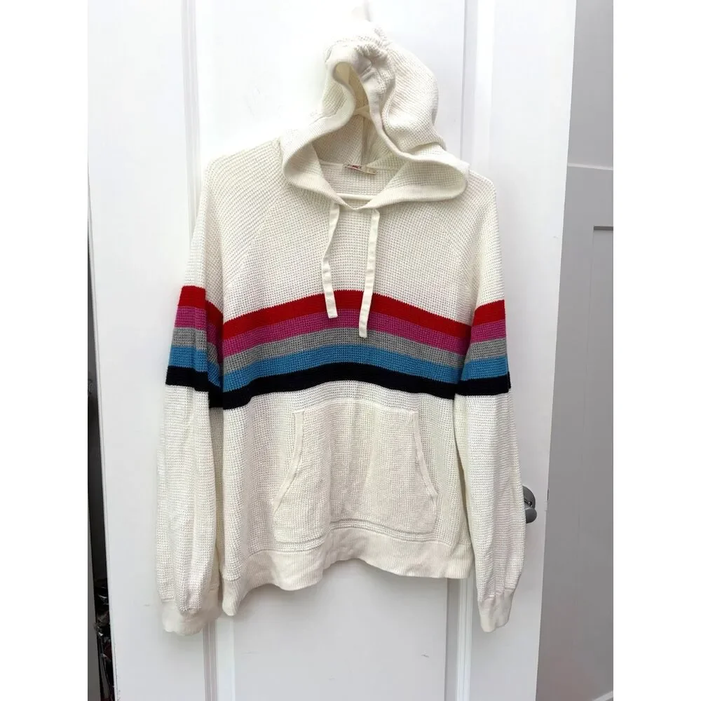 Faherty Throwback Waffle Knit Hoodie Organic Cotton Cashmere Striped Sweater L